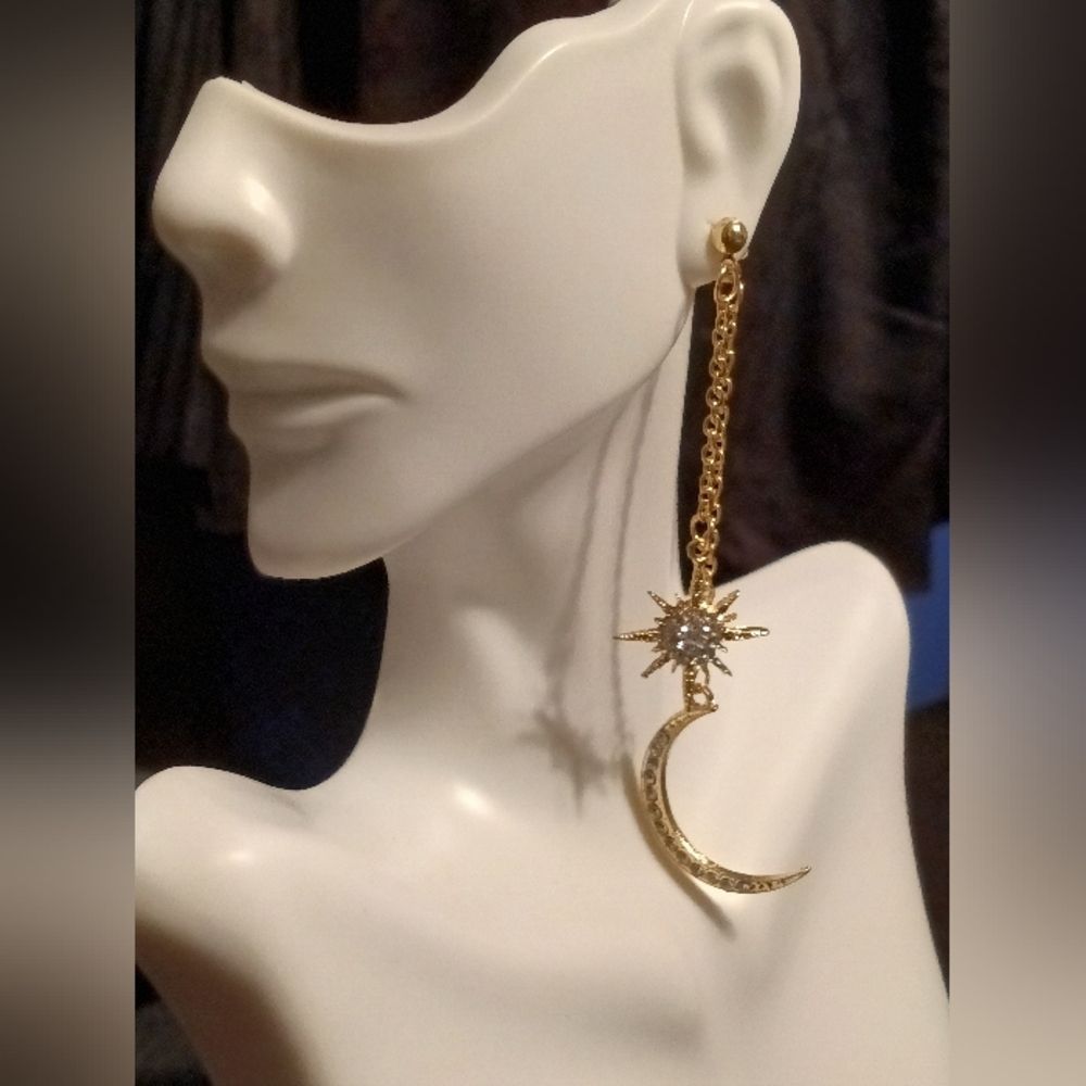 Sparkly Moon & Star Long Gold Dangle Earrings.